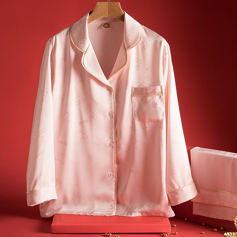 

Женский высококачественный пижамный комплект на весну и осень из шелка с длинными рукавами, домашняя одежда из 2 предметов, тонкая домашняя одежда с рисунком медведя из мультфильма 2XL розовый