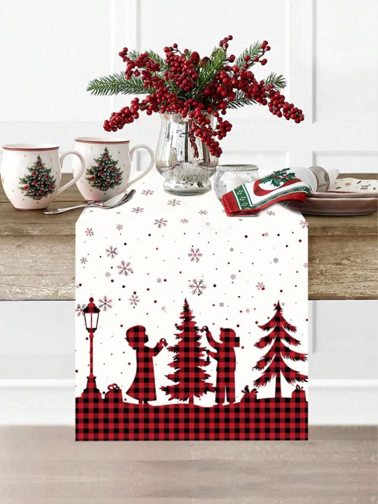 Christmas Table Runner, "Merry Christmas"Buffalo Plaid & Snowflake Print, Festive Table Decor for Xmas Dinner Party & Home Decor