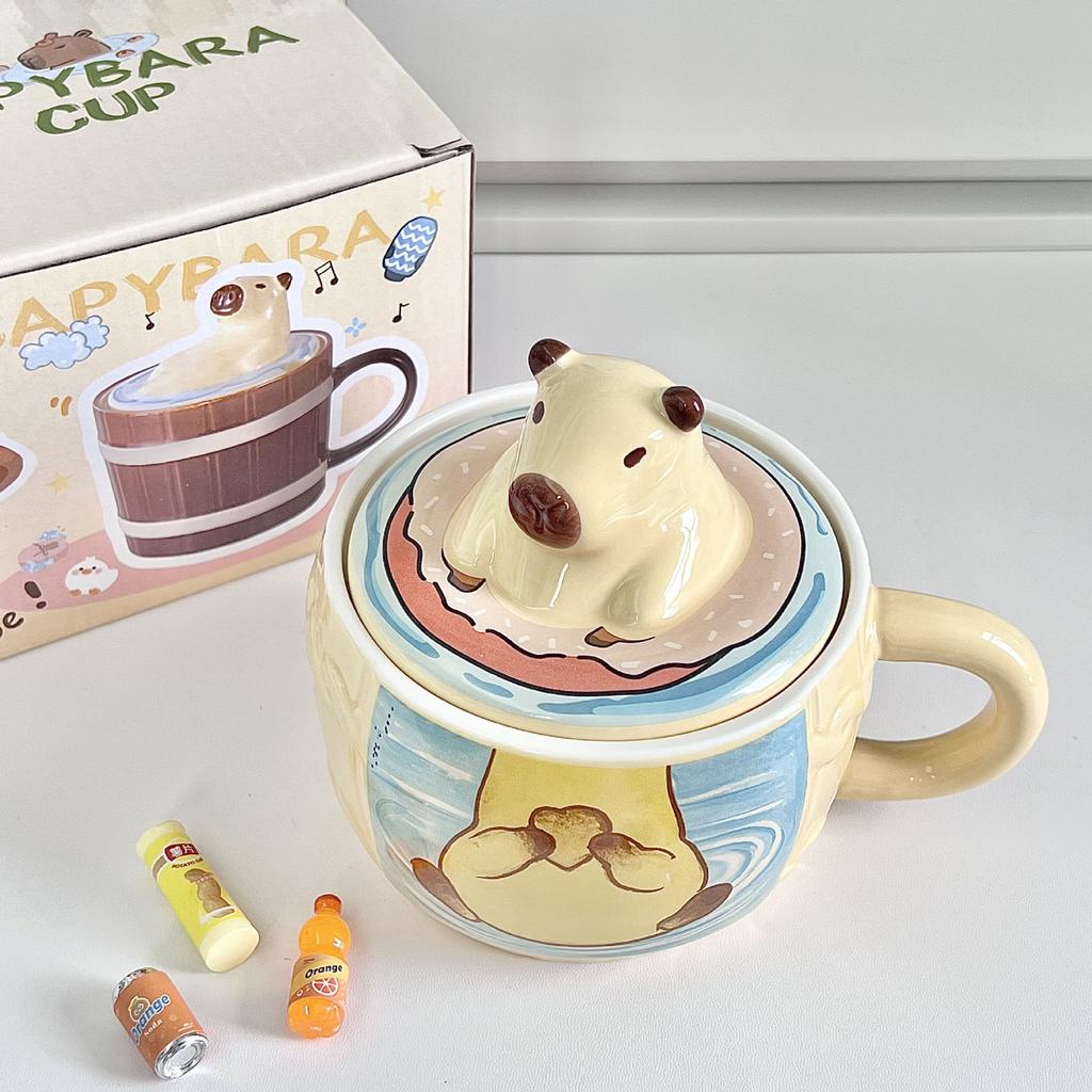 Cute Kapibara Water Cup Capybara Ceramic Mug with Lid Girl Birthday Gift Girlfriend Souvenir Gift Box