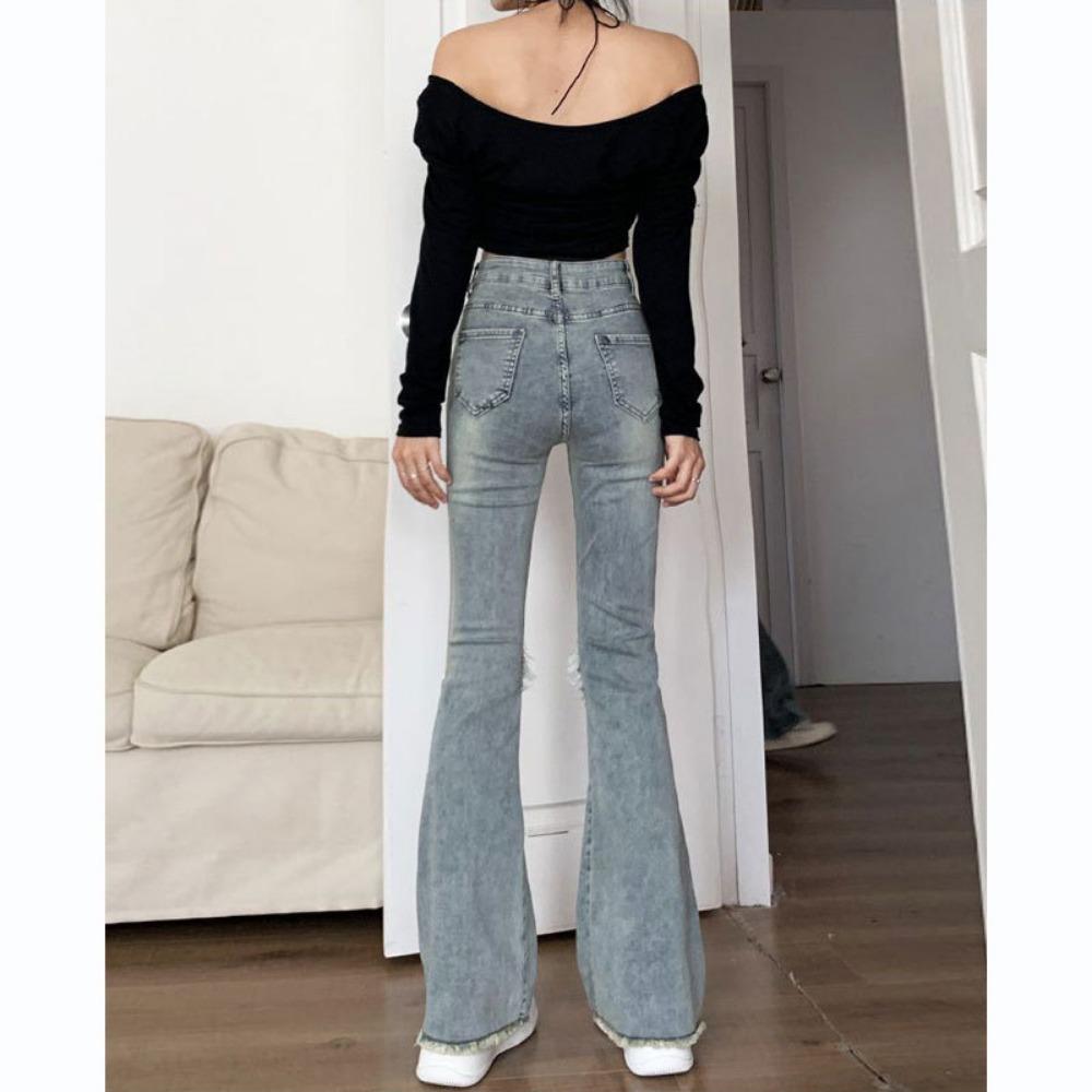 Personalized Versatile Rough Edge Splicing Micro-pull Jeans Women's Spring and Autumn New Slim-fitting High-waisted Horseshoe Pants Tide