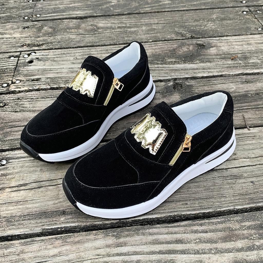 Women's Wide Width Platform Sneakers, Side Zipper Round Toe Flats, Solid Color Wholesale Shoes In Stock