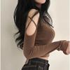 Sexy off Shoulder-topp Langermet, Tight, Hollow Out Høyhalset Underlag Kort T-skjorte Slim Fit