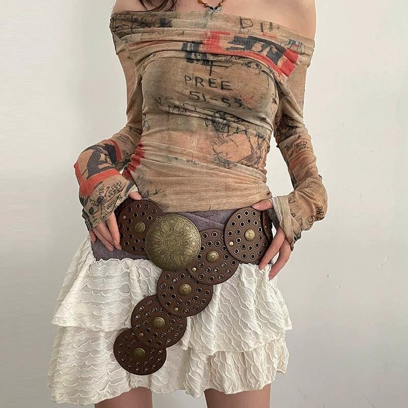 Cintura Larga in Ecopelle Stile Boho con Fibbia Metallica Circolare per Donne Moda Estiva