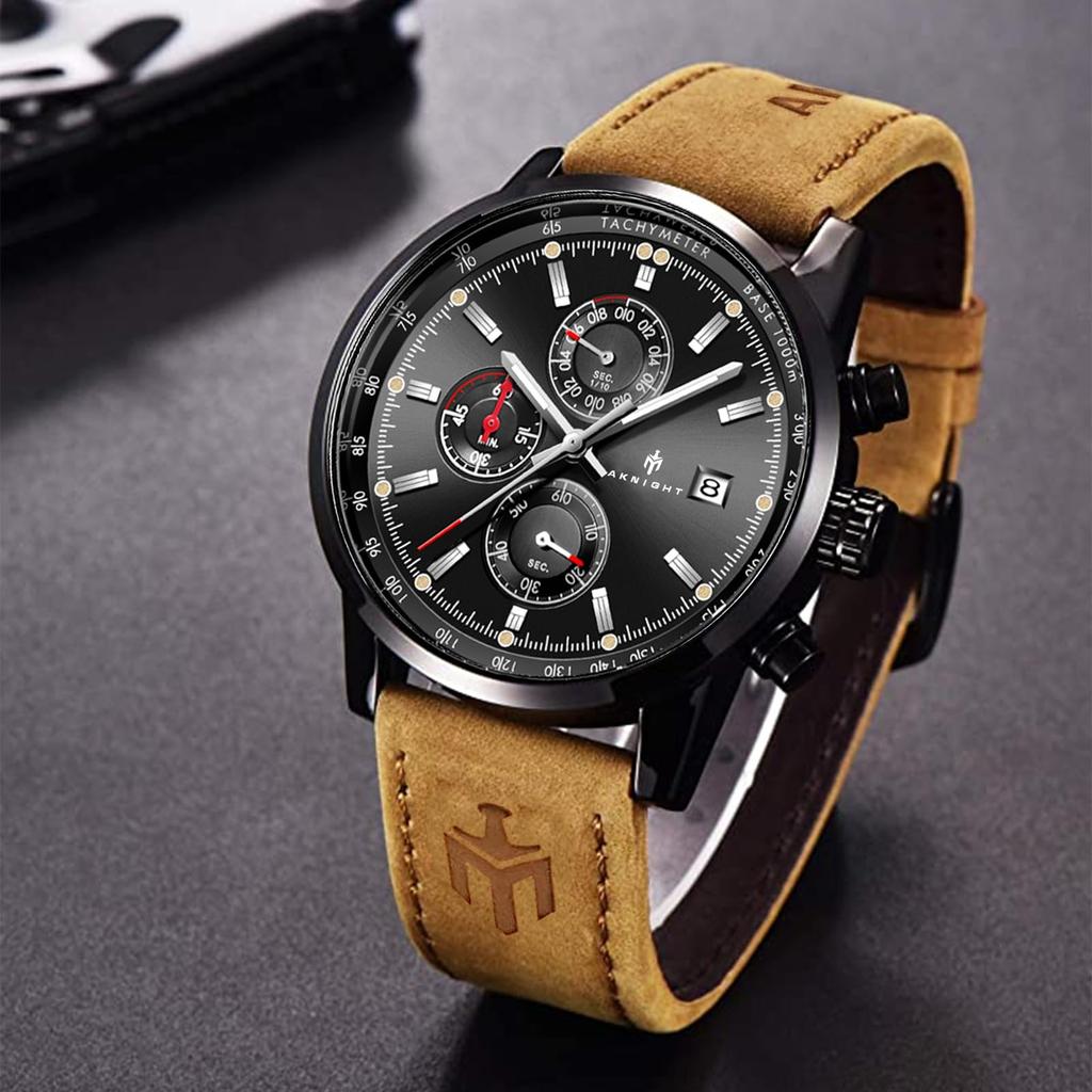 AKNIGHT Watch Genuine Leather Crystal Luminous Date Japanese Instruction Manual Men's - Stylish, Popular, Quartz, Strap, Chronograph, Display,