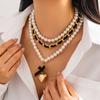 3pcs/set Fashion Jewelry Multilayer Imitation Pearl Beaded Necklace Punk Big Love Heart Pendant Chain Grunge Necklace Set