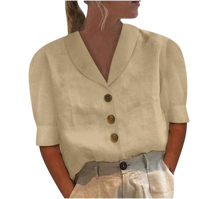 Solid Color Cotton Linen Shirt Women Summer Comfortable Casual Puff Half Sleeve Blouse Female Single-breasted Cardigan Tops