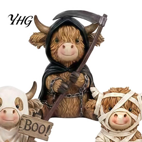 Dark Style Resin Figurine 3Pcs Halloween Highland Cow Figurines, Cattle Statues of Grim Reaper, Modern Farmhouse Table Decor Mummy & Ghost,