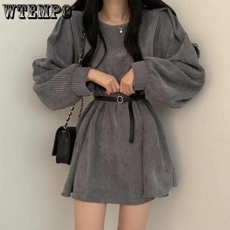 Women Temperament Pure Desire Wind Solid Color Lantern Sleeve A Line Dress Retro Design Sense Niche Long Sleeve Belt Corduroy Dresses