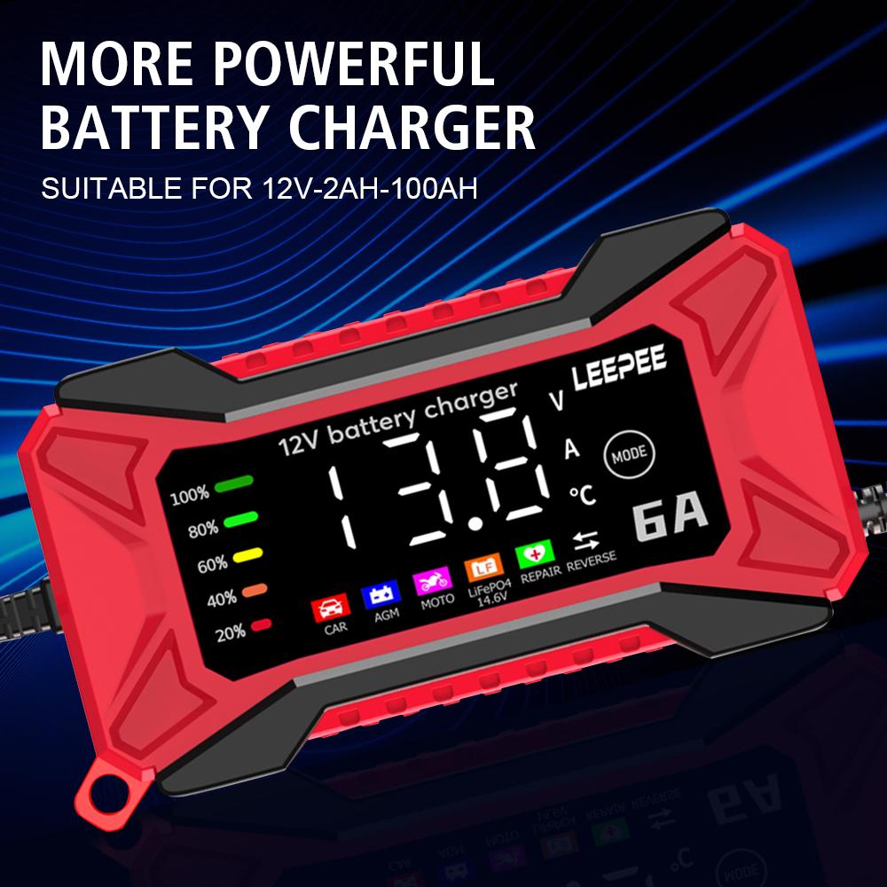 Overvoltage Protection SUV Motorcycle Truck Voltage Temperature Detection Car Battery Charger 12V 6A Intelligent Pulse Repair 2025 Digital LCD Display