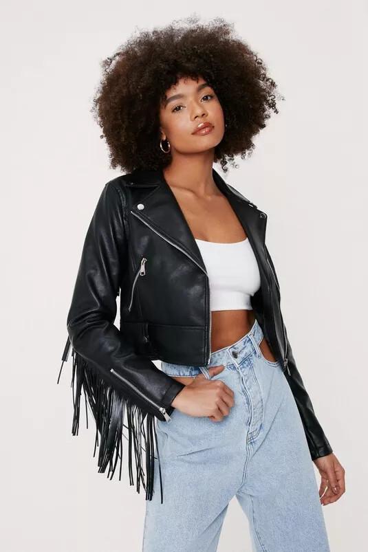 

Вечеринка Кожаная Женская Куртка с Бахромой Ручной Работы из Натуральной Овчины Черная Мотоциклетная 3XL чёрный