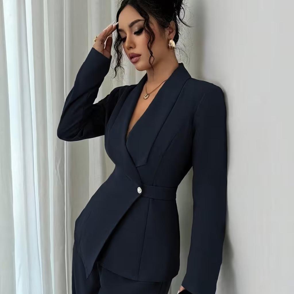 Spring and Autumn Fashion Temperament Casual Suit Women's Solid Color V-Neck Suit Wide Leg Pants Two-piece Set