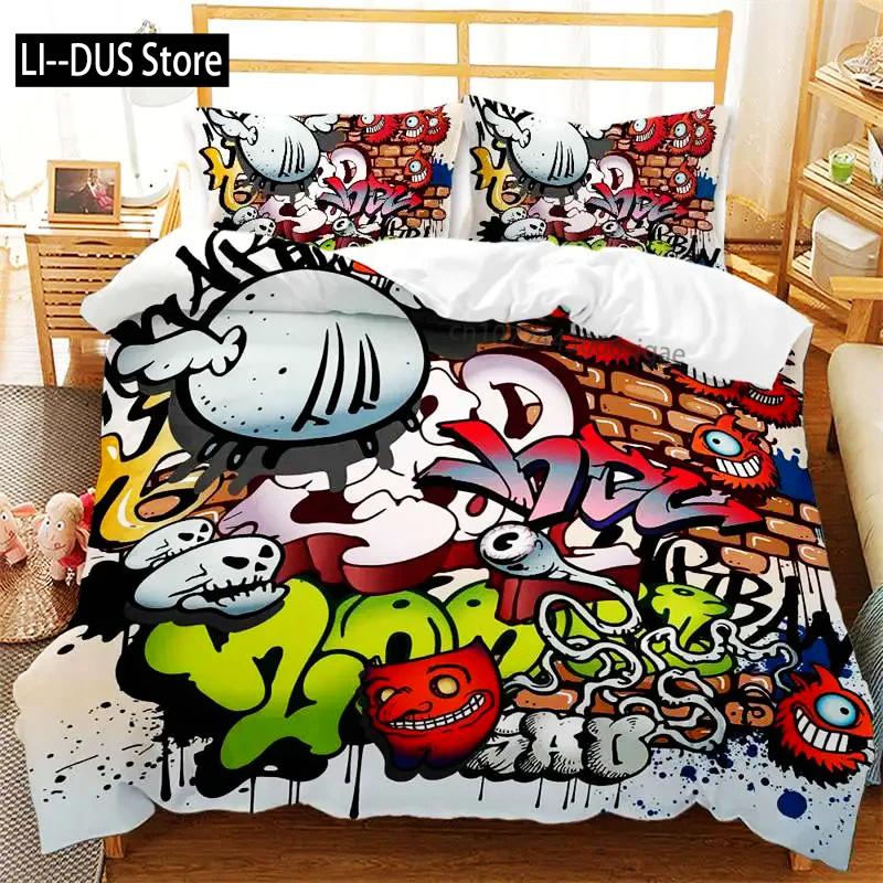 Graffiti Duvet Cover Hip Hop Street Culture Print Bedding Set Microfiber Colorful Overlapping Blocky Letters Art Comforter Cover