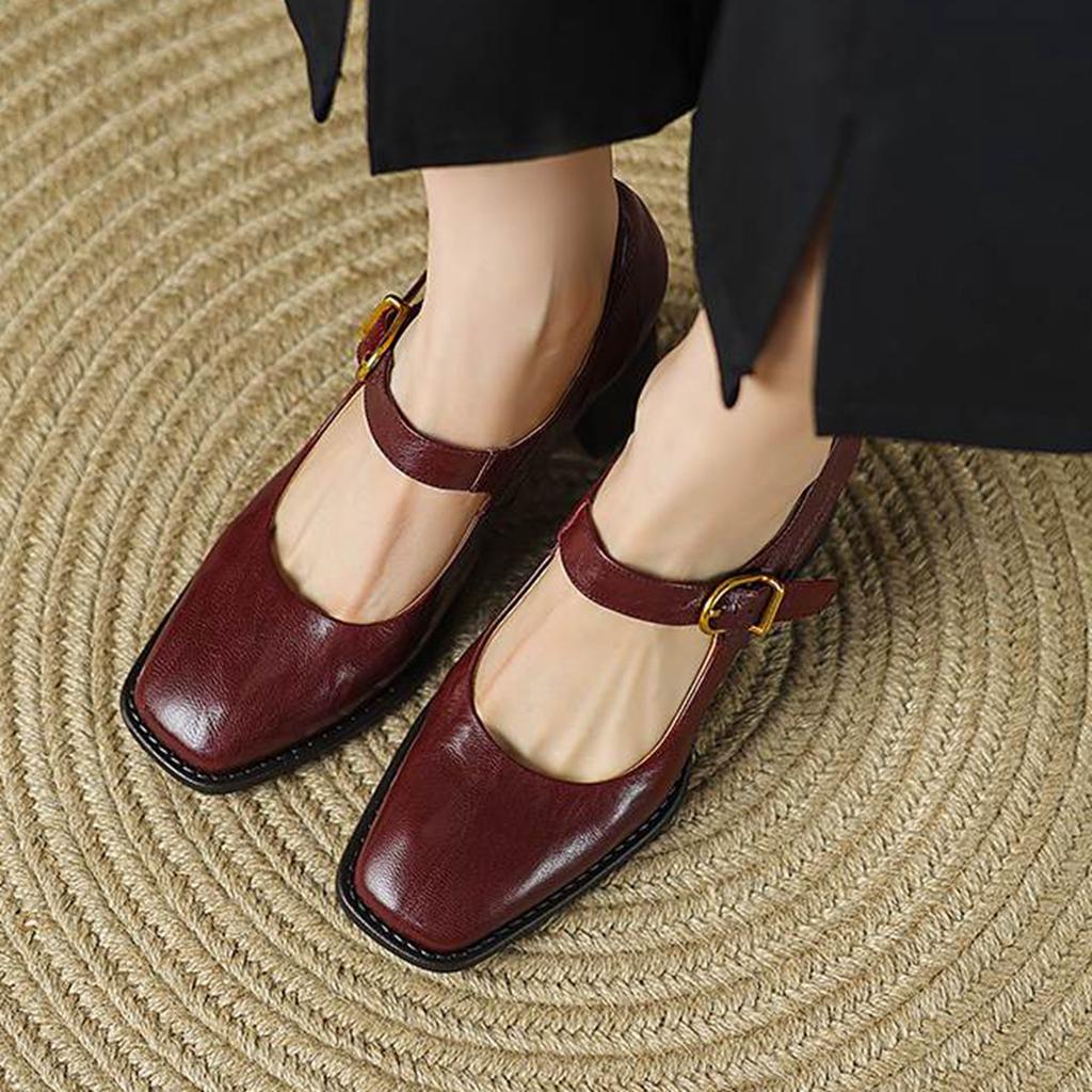 Krazing Pot Sheepskin Fashion Summer Spring Autumn Thick High Heels Metal Buckle Women  European Design Square Toe Pumps