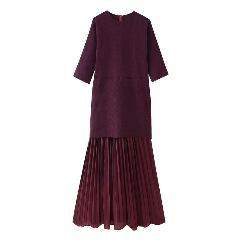 Kaslead New Women Clothes Western Style Round Neck Short Sleeve Knitted Patchwork Dress 4192001