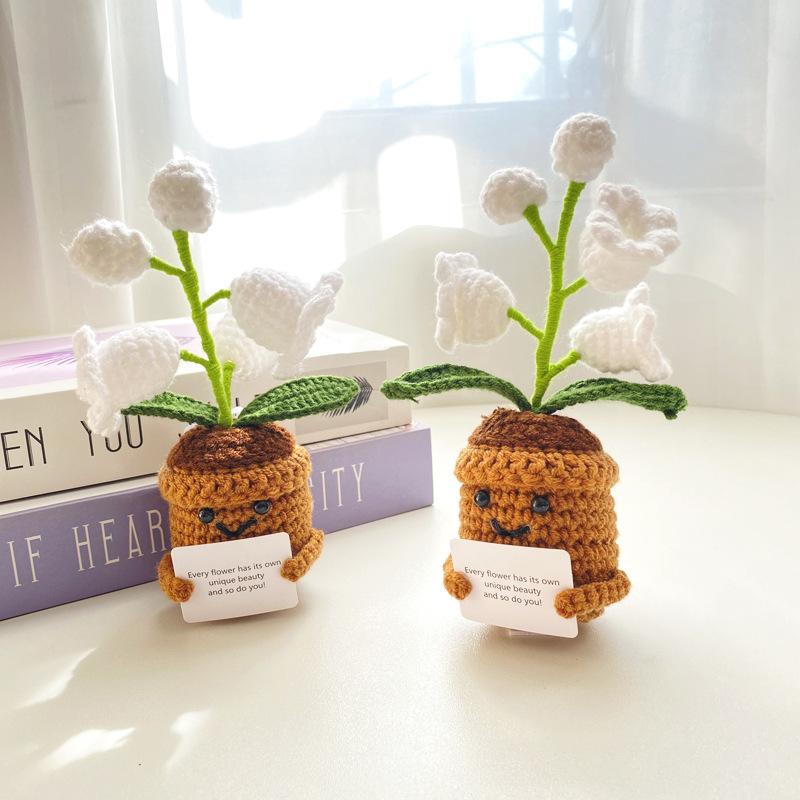 Hand-knitted Lily of the Valley Potted Plant With LED Night Light, Decorative Figurine, Handicraft, Home Decor, Gift