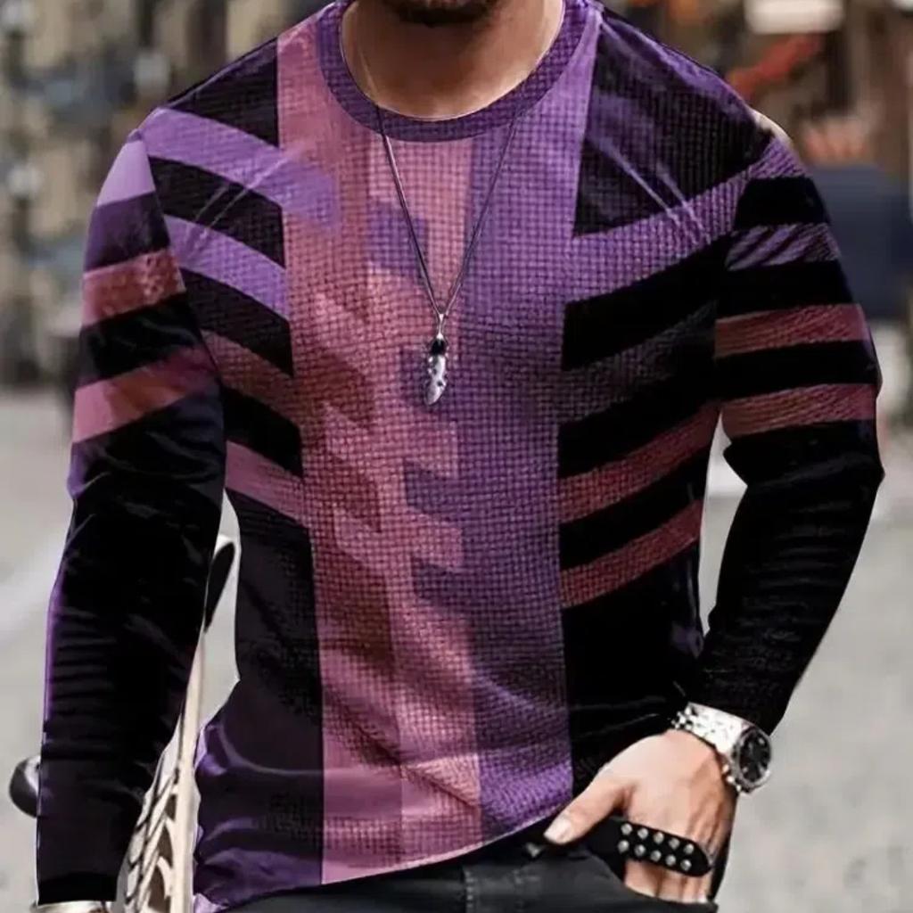 2024 Vintage Men's T-Shirt Color Block Long Sleeve 3D Clothing Print Harajuku Oversized Tops Men's Outdoor Jogging T-Shirt Tops