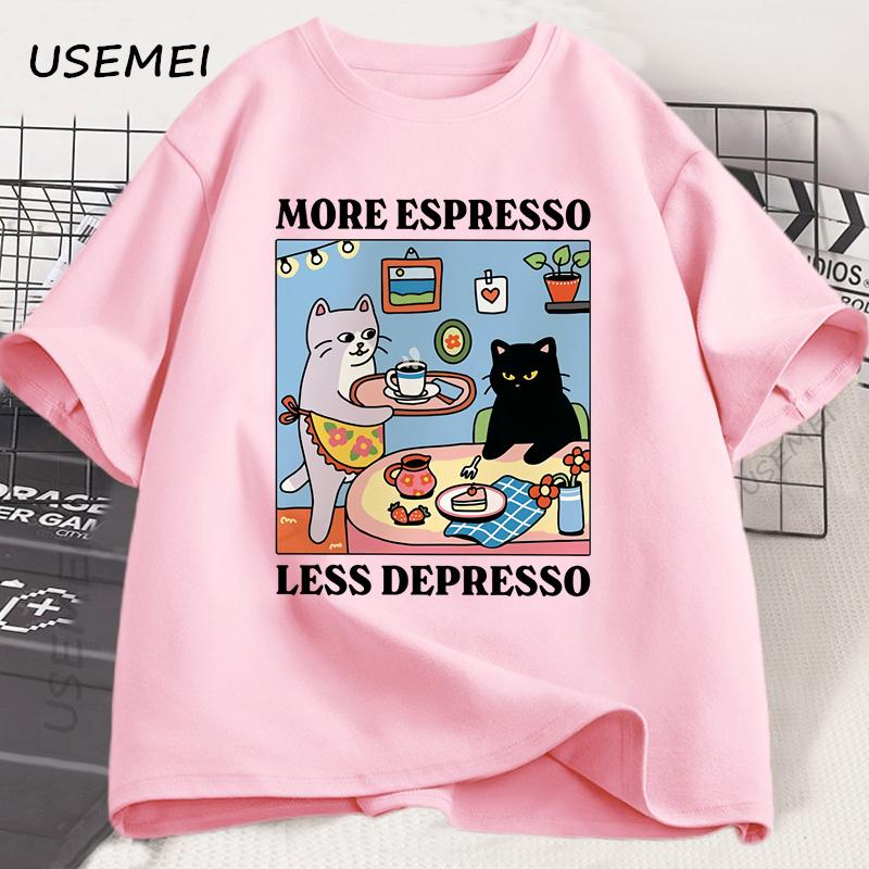 Więcej Espresso Mniej Depresji Czarny Kot Koszulka Unisex Damska Zabawna Kawa Kot Koszulka Casual Letnia Bawełniana Krótki Rękaw Koszulka Top
