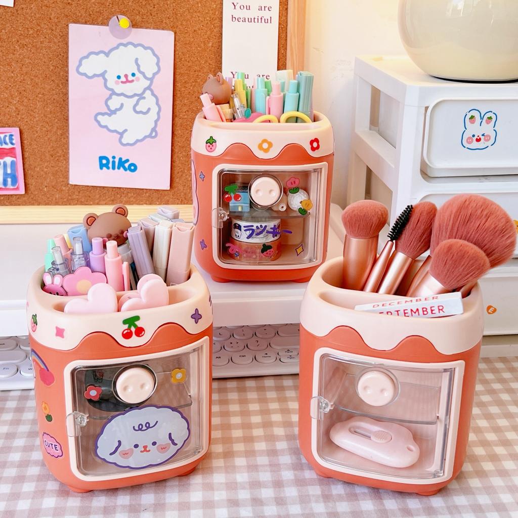 Kawaii Pig Pen Pencil Pot Holder Brush Storage Container Desk Organizer Multifunction Washi Tape Stationery Office Supplies