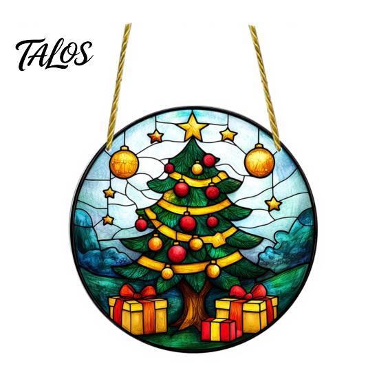 Stained Glass Style Holiday Decor Christmas Hanging Pendant, Acrylic Santa Claus Plants Ornaments with Lanyard Decorative for Xmas Tree Decoration,