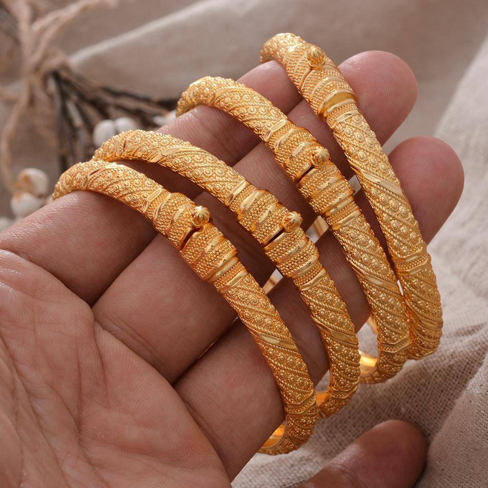 4pcs/Lot Dubai Bangles Ethiopian Gold Plated Color Wedding  Bangles for Women Dubai Bride Bracelet African Arab Jewelry Middle East