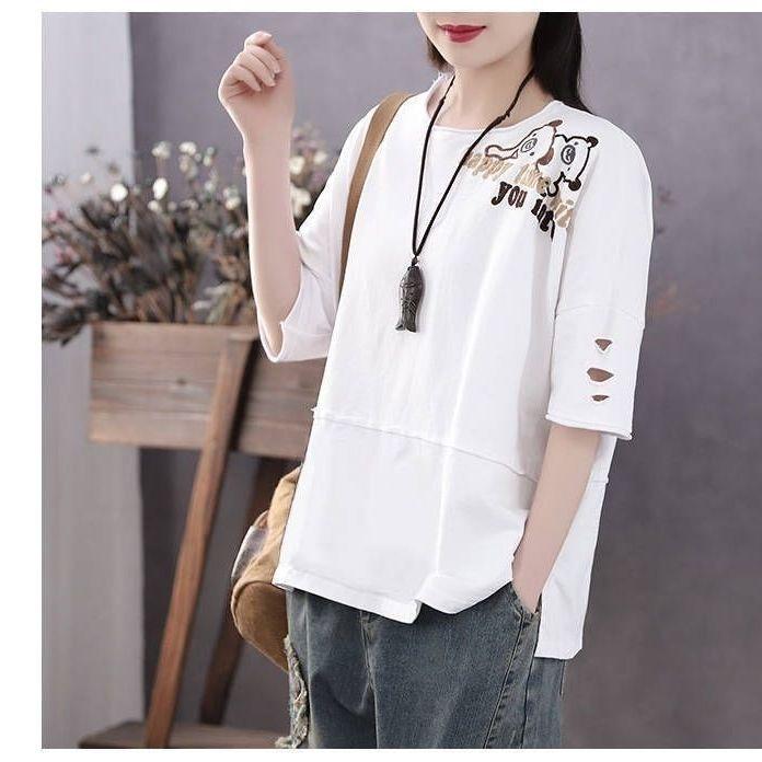 Pure Cotton Round Neck Short Sleeve Large Size Spring and Summer Trend Loose Top Student T-shirt