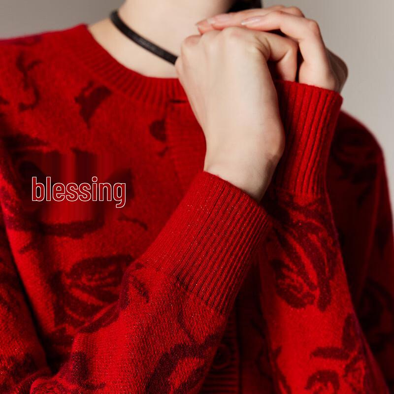 PALUOPO Women's Red Jacquard Cashmere Knit Cardigan Sweater