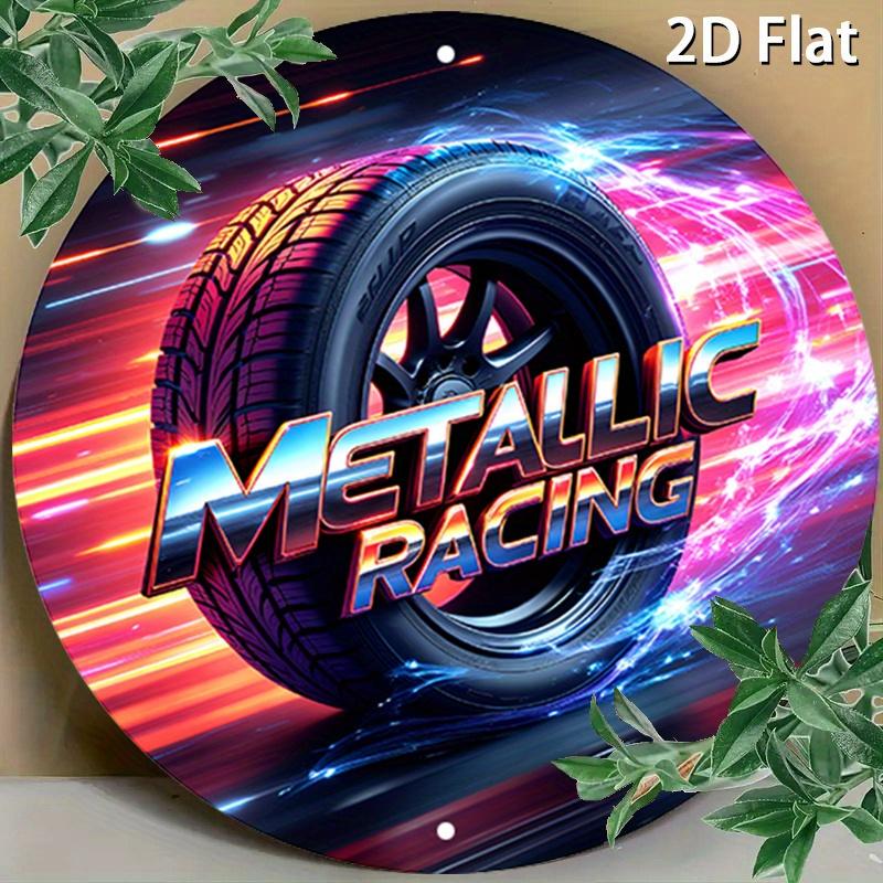 2D Piatto 20*20cm1pz design da corsa metallico vivido Ornamento rotondo, targa dinamica sfocata da parete con design di pneumatico, adatta per Camera da letto da ragazzo, garage