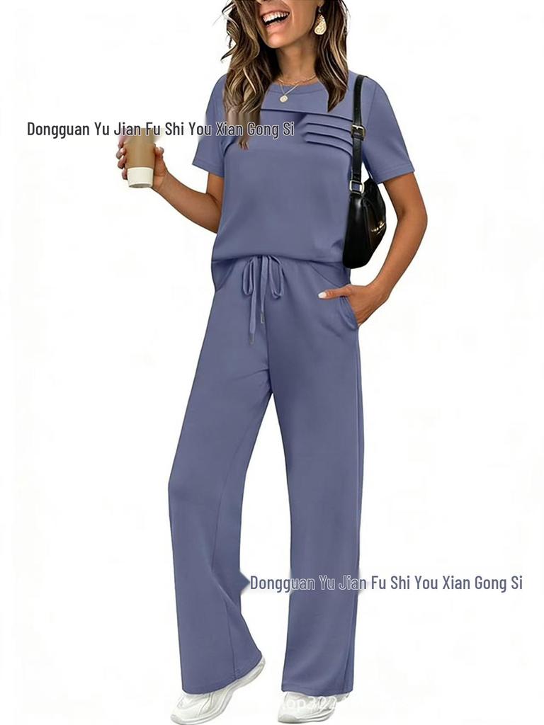 2026 Spring/Summer Women's Set: Short Sleeve Top & Elastic Waist Wide Leg Pants