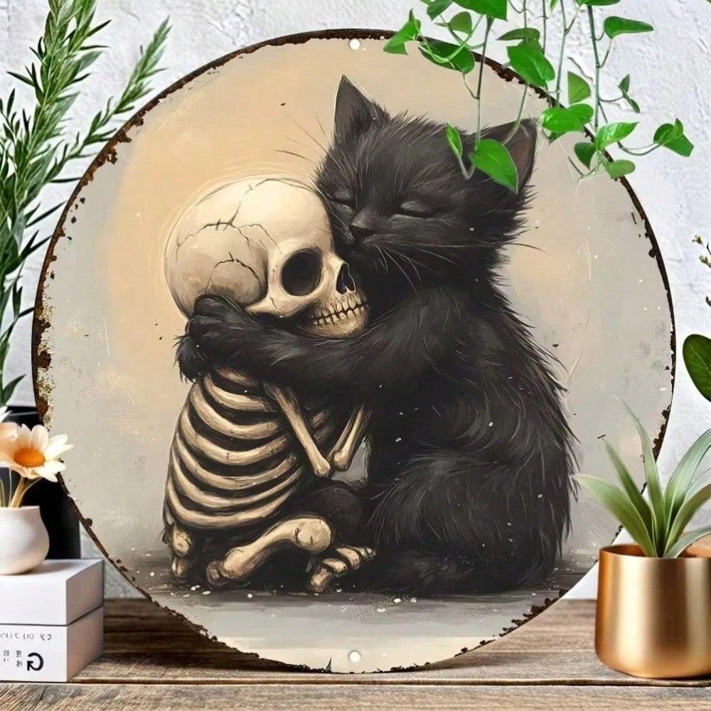Metal Poster Wall Art Black Cat Skull Vintage Sign for Bar Home Decor