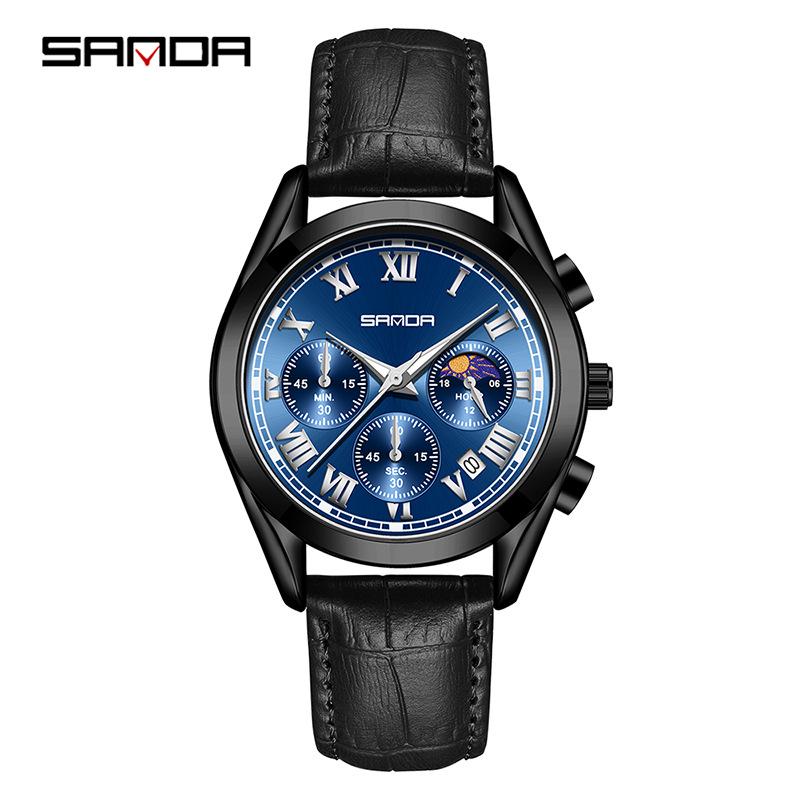 Sanda Men s Waterproof Quartz Watch with Moon Phase, Luminous Leather Strap, Three Subdials  Six-Needle Design.