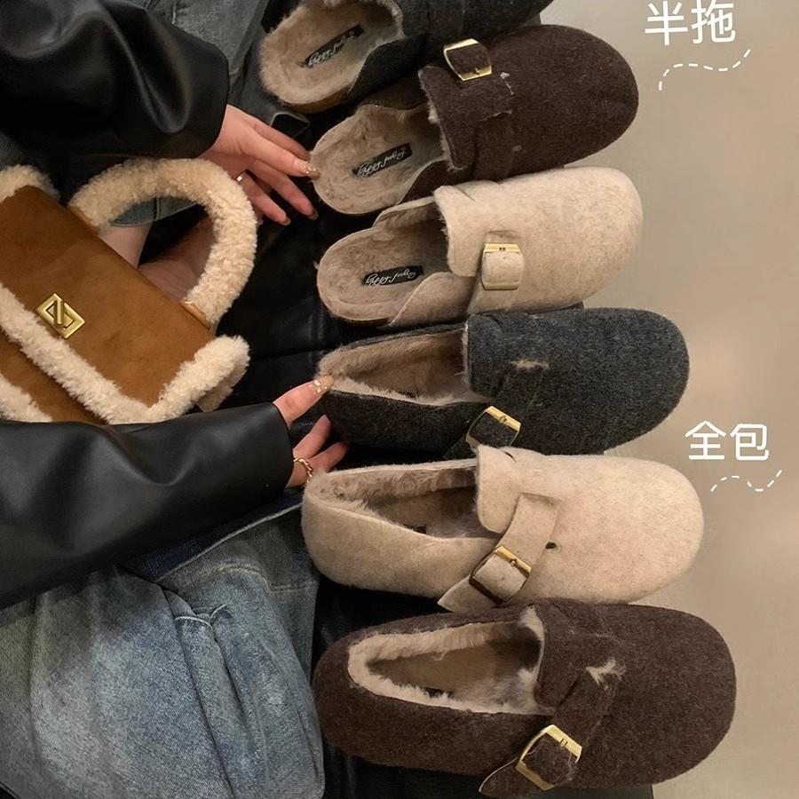 Thick-soled Fluffy Slippers Women's Winter Wear 2025 Mori Series Retro Boken Shoes Women's Velvet Lazy One-pedal Cotton Slippers