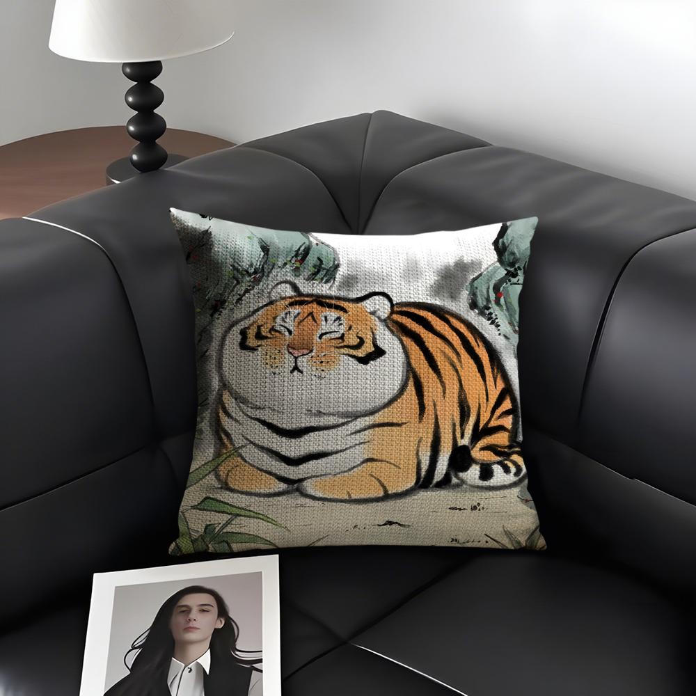 Cute Tiger Fashion Cushion Cover Natural Linen Organic Fabric DoubleSided Printing Sofa Home Decor Gift Pillow Case