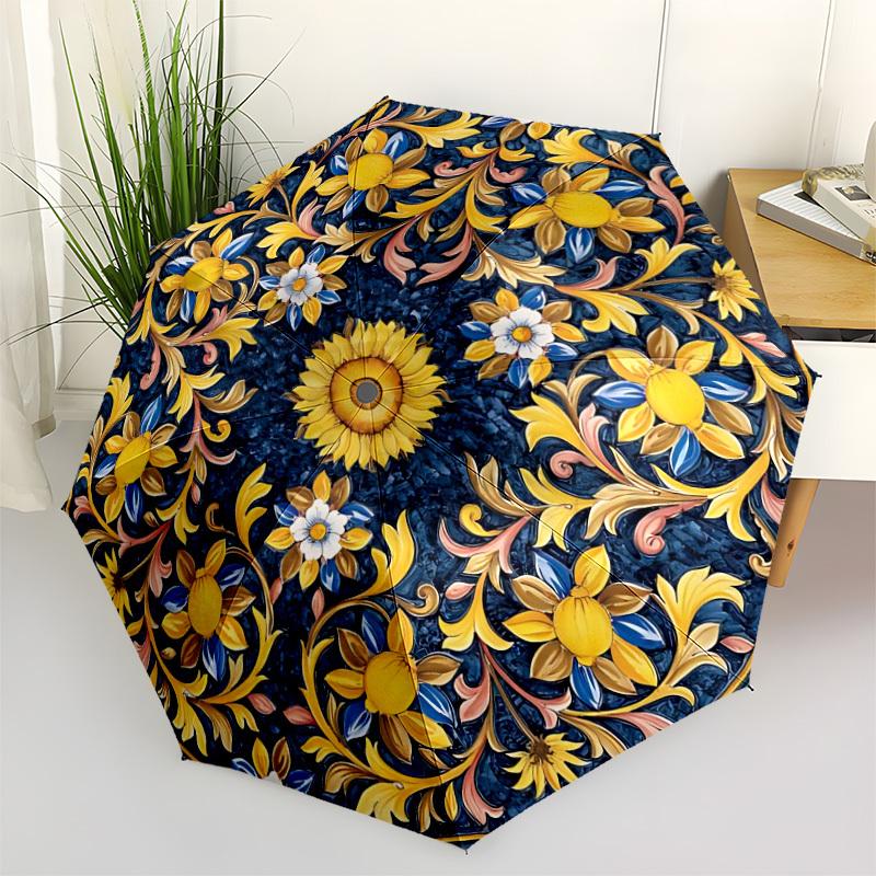 

1pc Floral Decorative Automatic Umbrella - Stylish, Durable, with 8-Rib Manual Open Design, Elegant Black Handleyy250920097