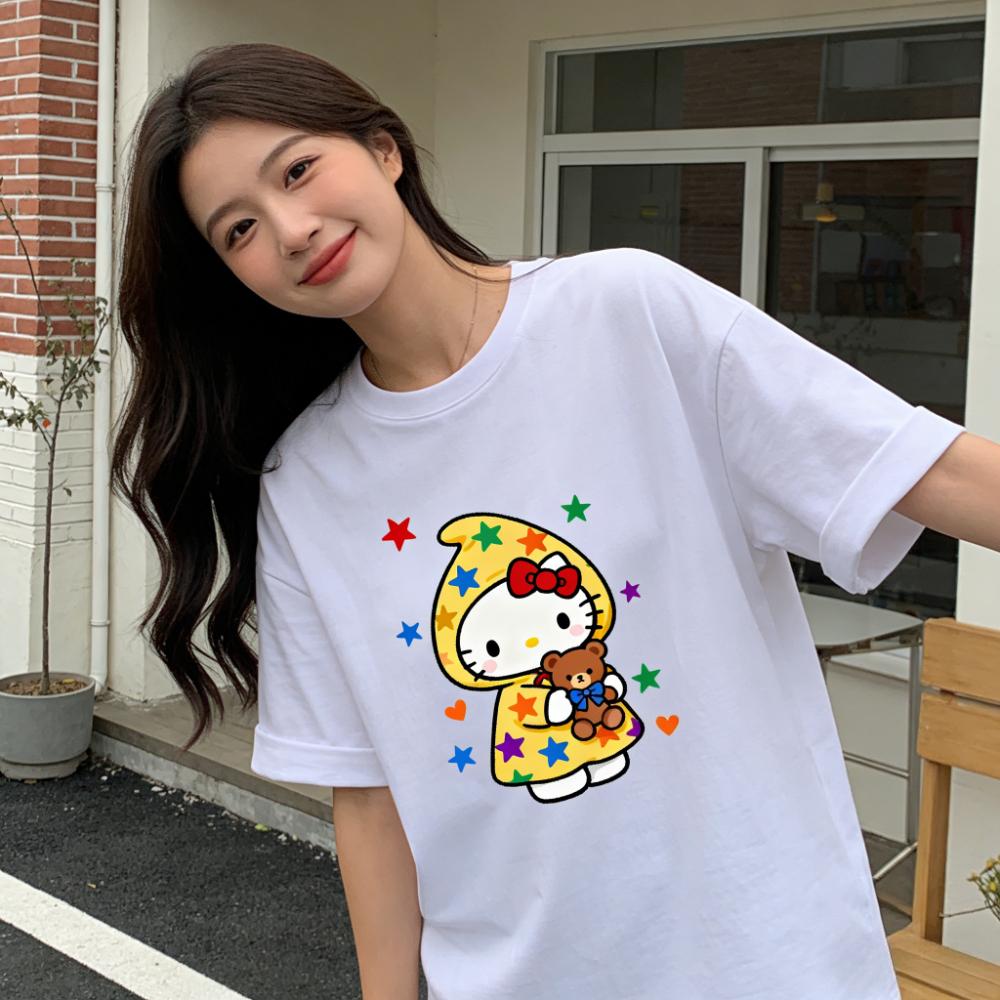 2026 Hello Kitty Cartoon Printed Short Sleeve Summer Cotton Tshirts Womens Family Matching Outfits Tops Tee Trendy Y2k Tops
