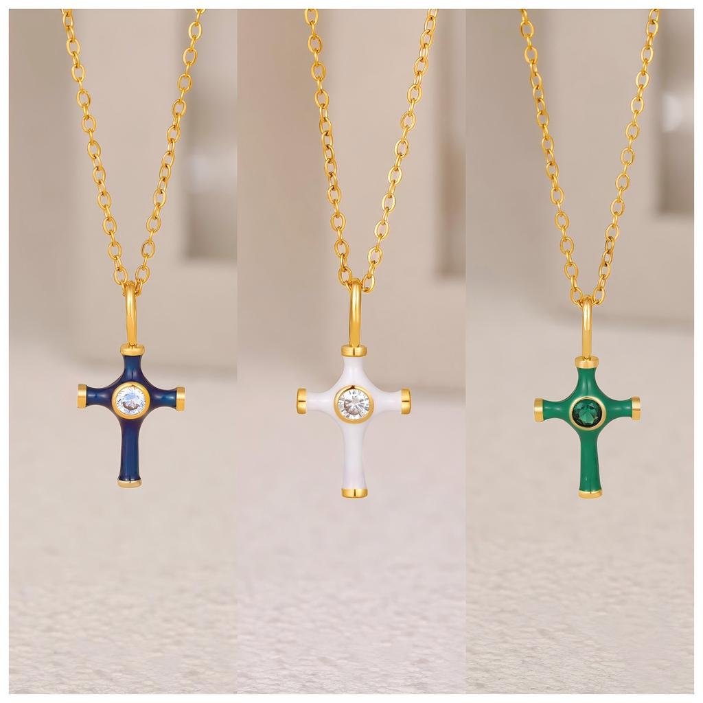Color Oil Dripping Cross Necklace Stainless Steel Necklace Light Luxury Inlaid Zircon Niche Personalized Jewelry
