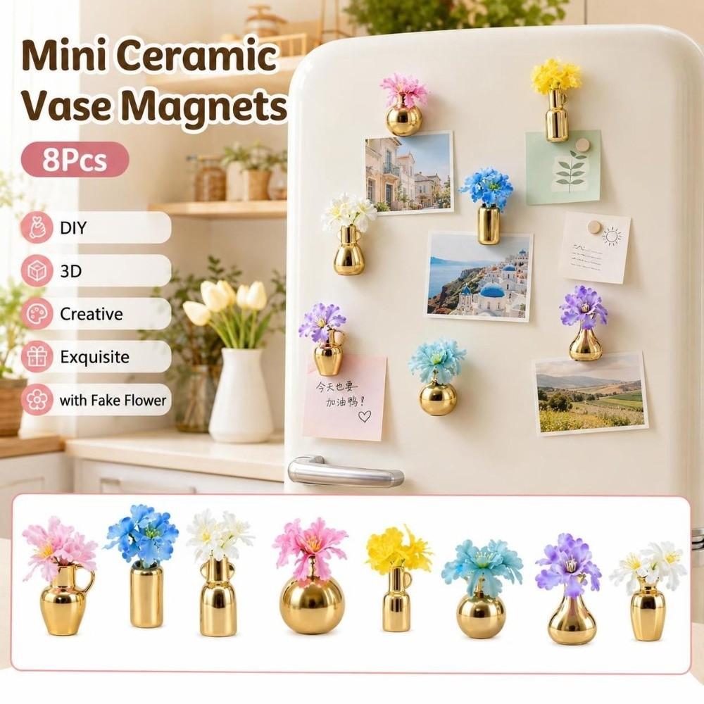 8Pcs Creative Tiny Magnetic Bud Vases 3D Refrigerator Magnets Vase Living Room