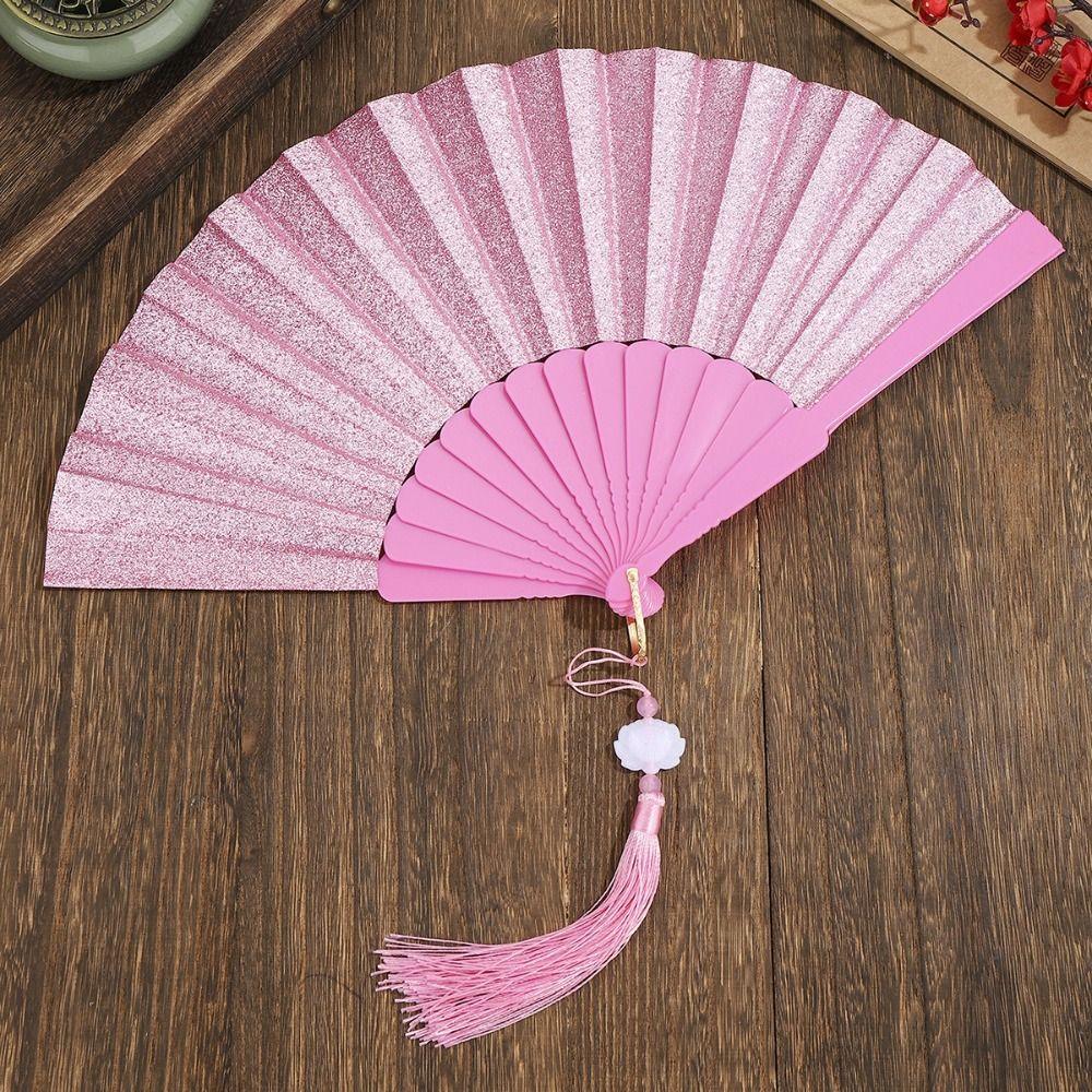 Plastic Folding Fan Tassels Handheld Fan Portable Gold Powder Fan Home Decoration