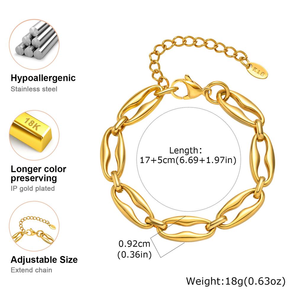 Chunky Braceket Stack, Stainless Steel Chain Bracelet for Women, 18k Gold Plated Link Jewelry Waterproof