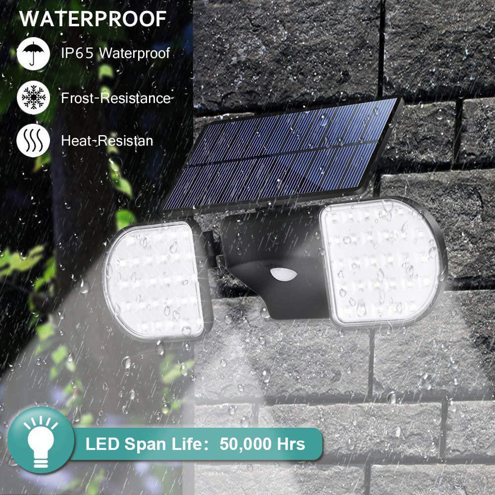 LED Double Head Solar Wall Spotlight with Motion Sensor for Outdoor Garden and Courtyard Lighting.