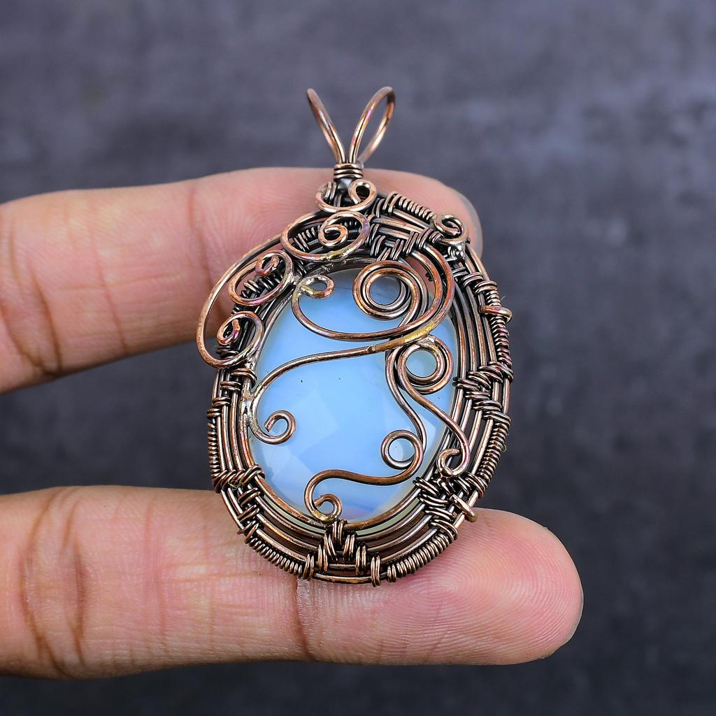 Natural Milky Opal Gemstone Handmade Copper Wire Wrap Jewelry Pendant 2.36" W6E26