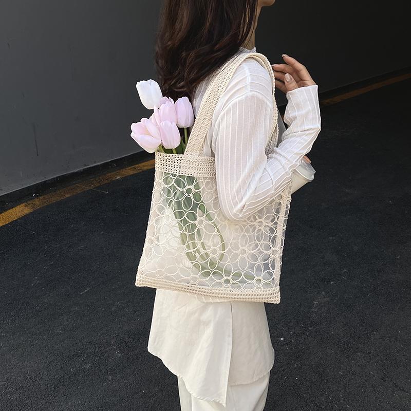 Summer Boho Essential Lace Mesh Crochet Tote Bags for Women Trend Youth Handbags Transparent Hollow Out Shoulder Bags
