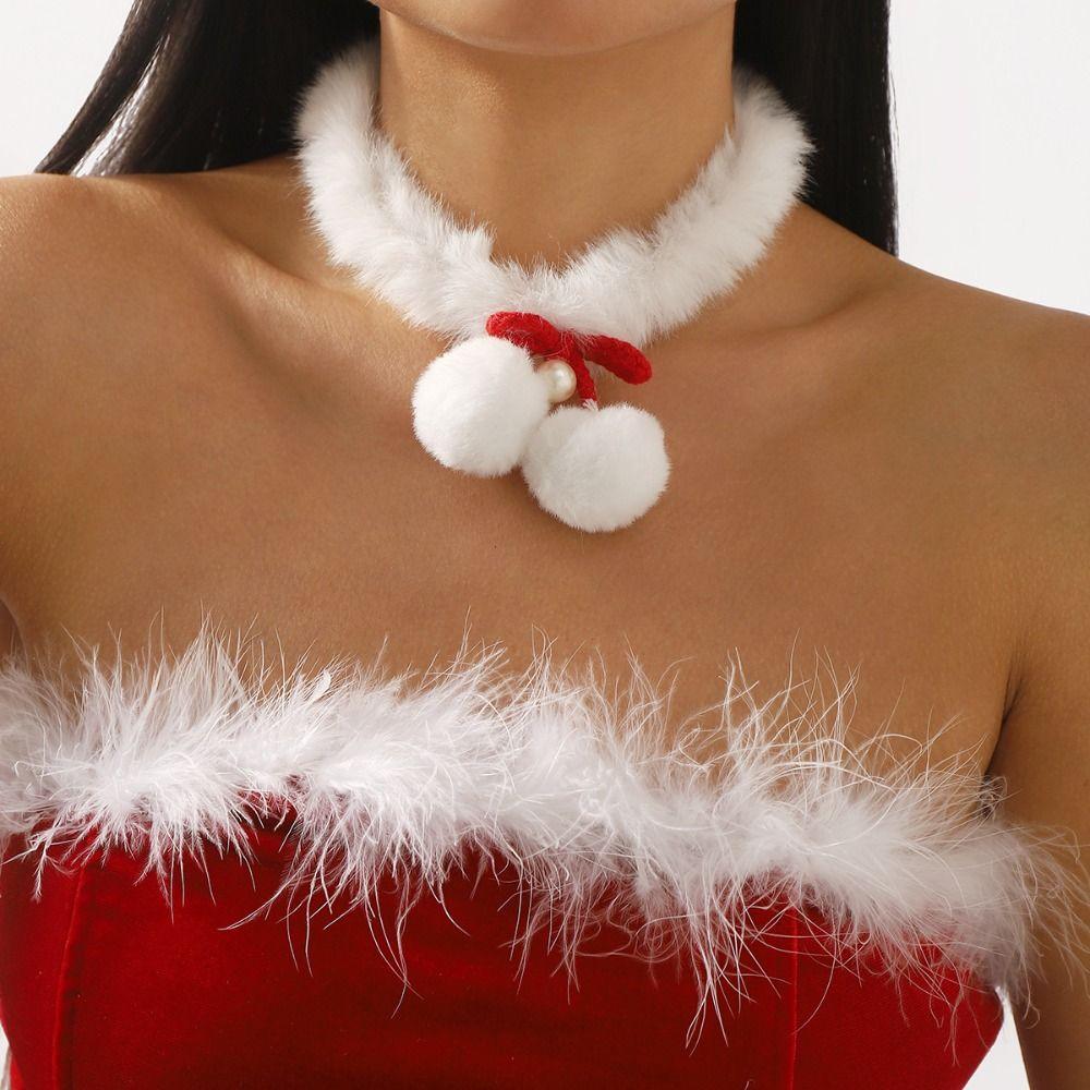 Sweet Bow Pendant Necklace Hairball Xmas Clavicle Chain Christmas Plush Choker  Jewelry Accessories
