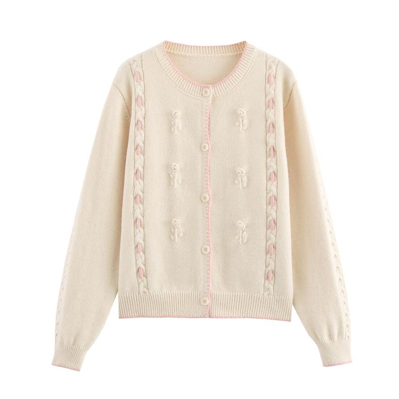 Kaslead New Arrival Women's Clothing Fashion Style Three-Dimensional Flower Contrast Color Hook Cable Stitch round Neck Knitting Cardigan Outwear