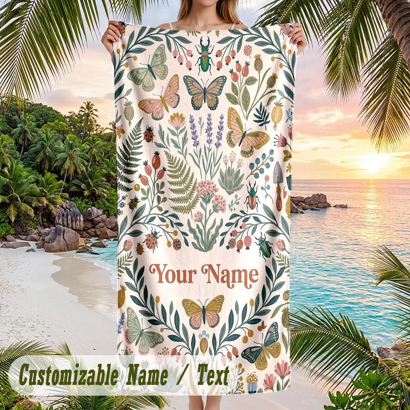 Natures Serenity Garden Theme Quick Dry Beach Towel Custom Name Text Print Large Sand Resistant Towel Beach Vacation