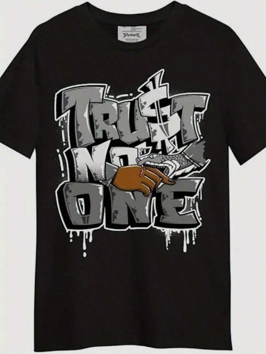 Edgy Black Cotton Unisex T-Shirt | Round Neck, Short Sleeve,  Trust No One  Graffiti Print – Snake & Finger Design XL