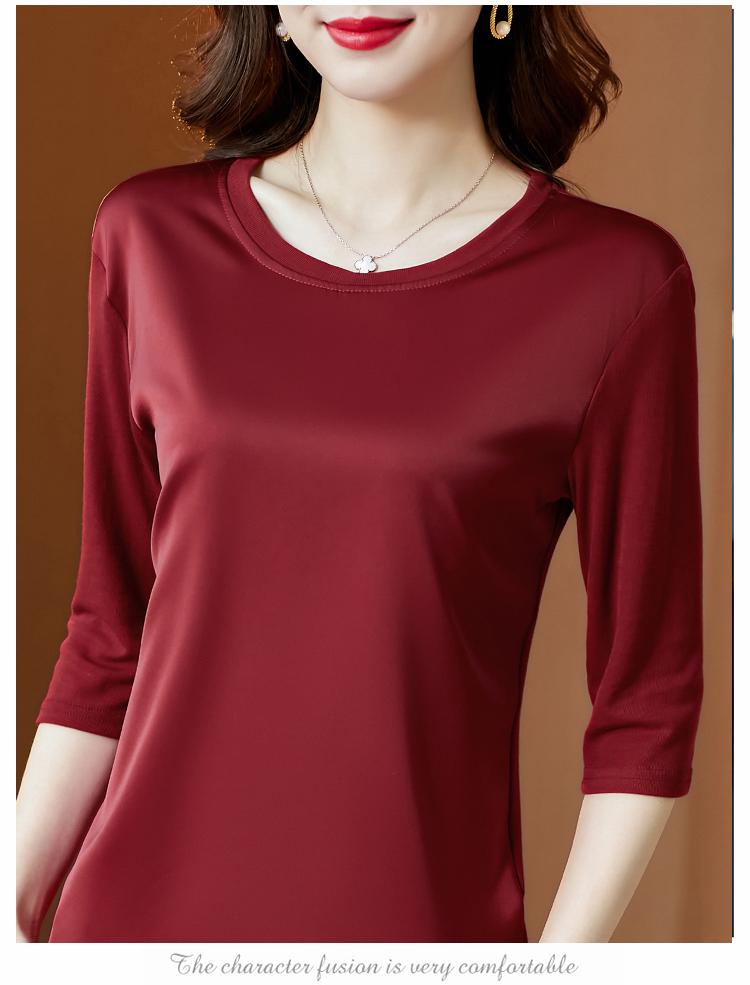 Seven-Sleeve Women's Satin Acetate T-Shirt - Spring 2025 Collection, Modal Round Neck, Fashionable and Versatile.
