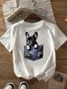 Womens Casual French Bulldog-ShirNeck Short Sleeve Top with Cute Dog Top | Casual French Bulldog Print | Durable  Dog Tshirt