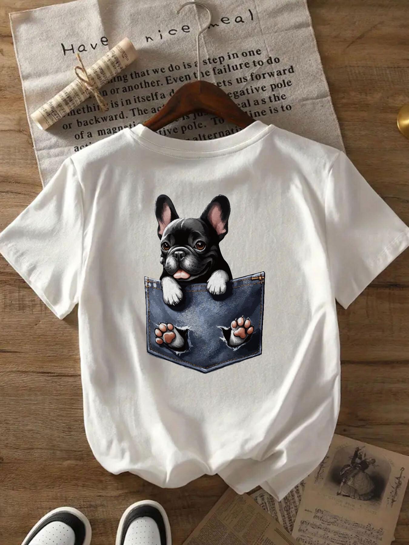 

Womens Casual French Bulldog-ShirNeck Short Sleeve Top with Cute Dog Top | Casual French Bulldog Print | Durable Dog Tshirt 4XL