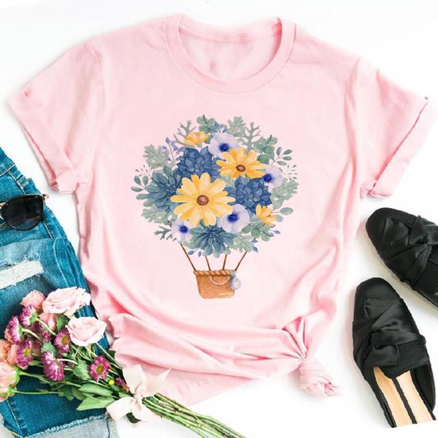 Cute Cartoon Flower Balloon Half Sleeve Base Bf Wind Round Neck Short Sleeve T-shirt Woman Harajuku Oversized T Shirt