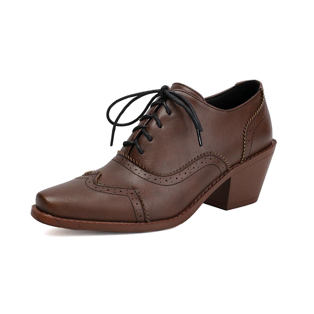Damen Perforierte Brogues Oxfords Klobige Hohe Absätze Schuhe Quadratische Zehenpartie Schnürschuhe Vintage Pumps für Roaring 20’s Kostümparty